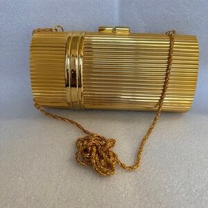 Gold Metallic Ribbed Evening Clutch with Chain Strap